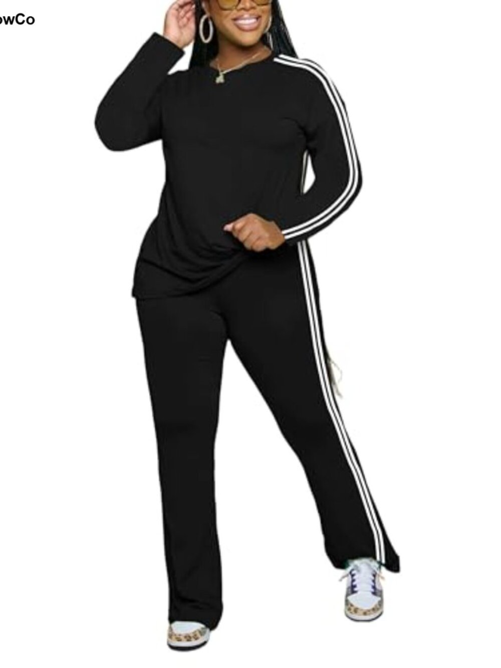 Women's 2 Piece Outfit Lounge Set Pullover Top Flared Pants Tracksuit - Picture 3 of 4
